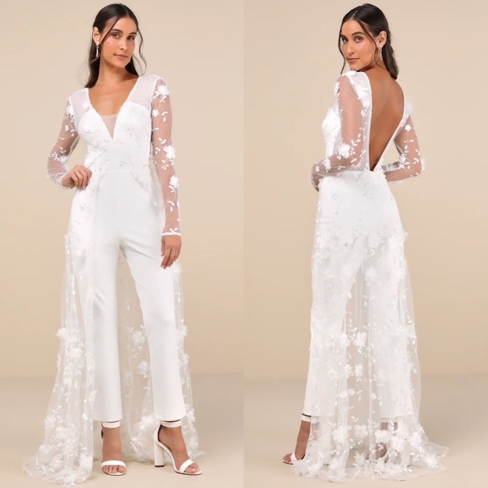 Lulus Immaculate Favorite White Mesh Embroidered Cape Jumpsuit Wedding Party